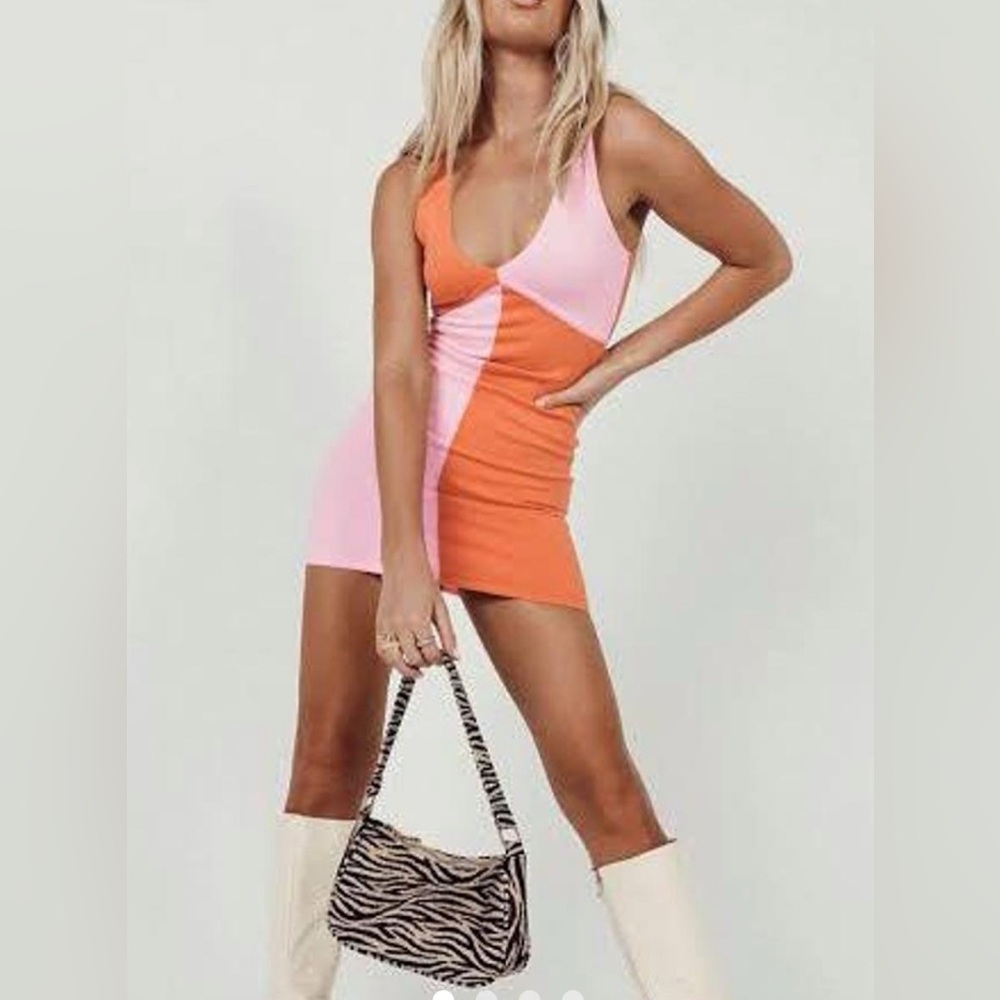 Princess Polly Asymmetrical Orange and Pink Bodycon Mini Dress